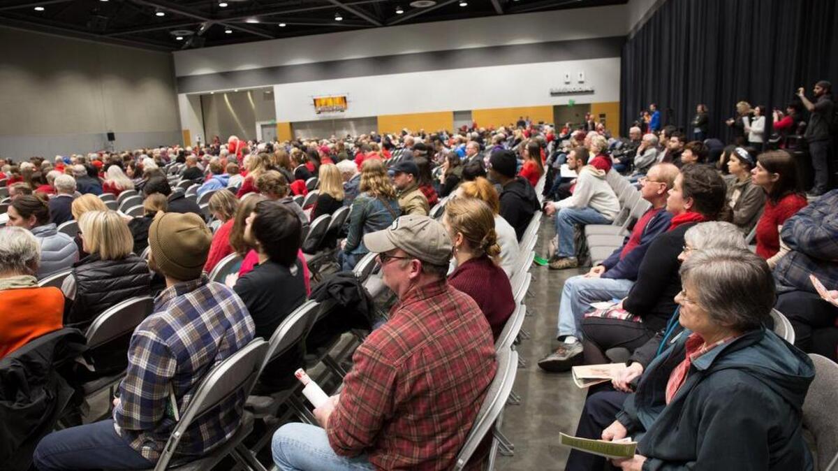 The scene at a public hearing Feb. 10 in the Greater Tacoma Convention and Trade Center for the proposed methanol plant on Tacoma’s Tideflats. More than 1,000 people showed up, most opposing the plant.