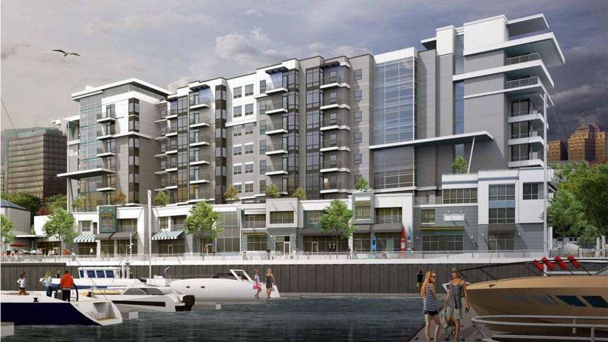 A nine-story, 216 unit apartment tower could be built north of the Murray Morgan Bridge on the Thea Foss Waterway. Developer Simon Johnson LLC is in negotiations with the Foss Waterway Development Authority for rights to nearby parcels.