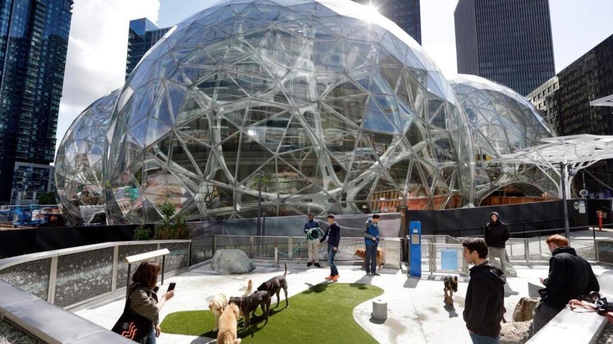 Amazon employees tend to their dogs in a canine play area adjacent to where construction continued earlier this year on three large, glass-covered domes as part of an expansion of the Amazon.com campus in downtown Seattle.