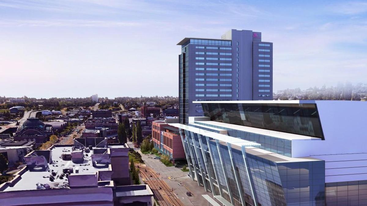 A view from Commerce Street looking south from the Greater Tacoma Convention Center and a rendering of the adjacent hotel.