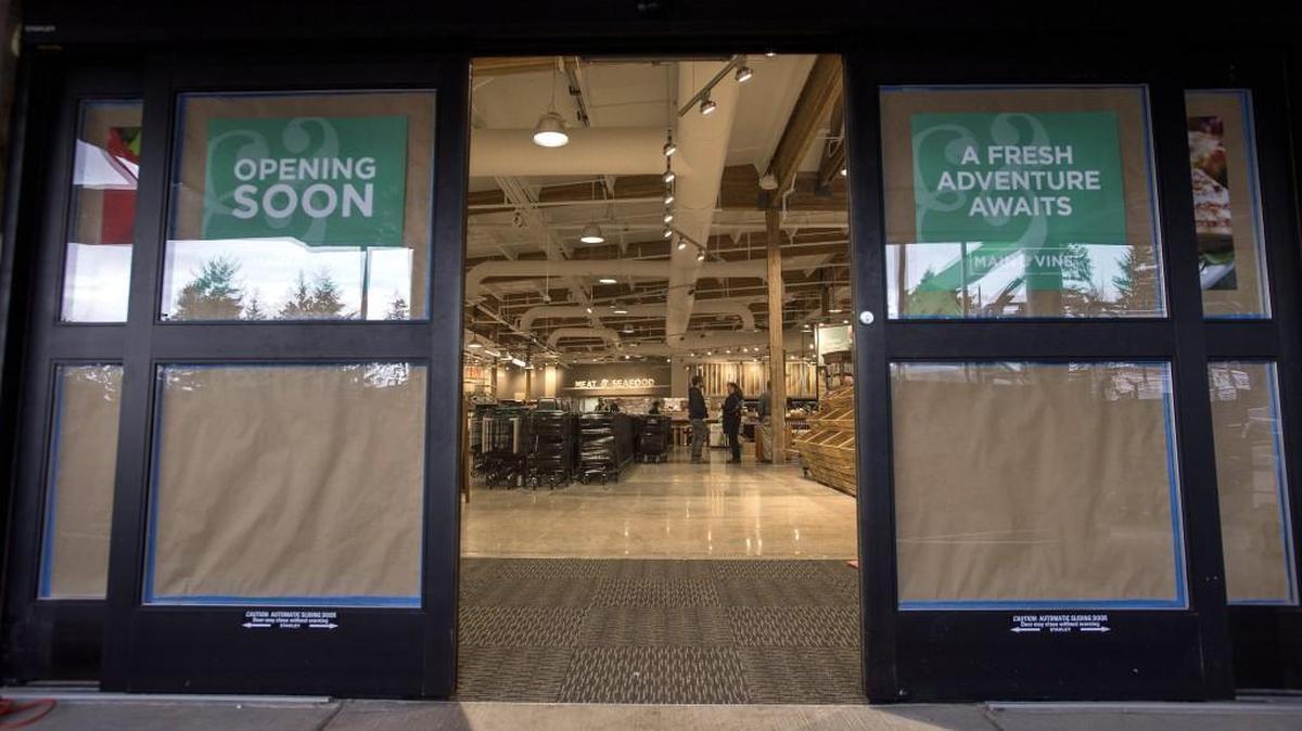 The front entrance of the new Main & Vine grocery store in Gig Harbor, Tuesday, Jan. 26.