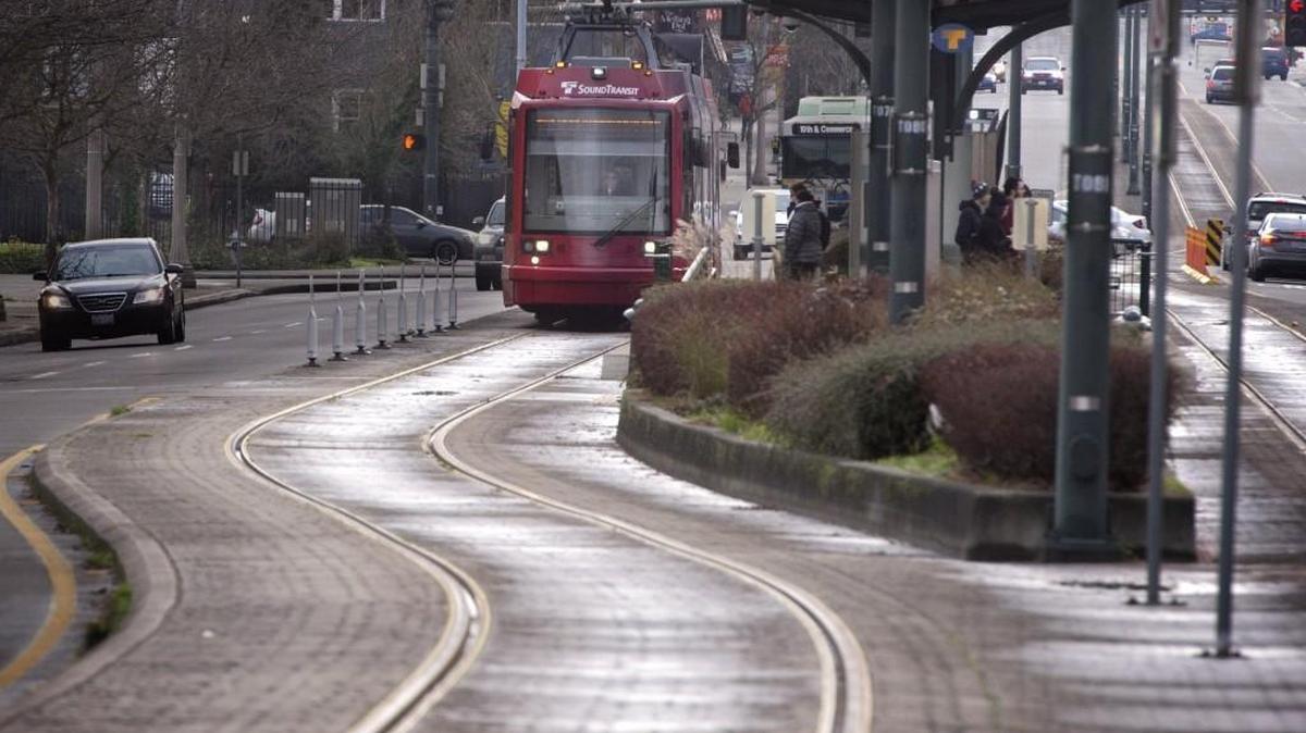 Link Light Rail train moves past Union Station on Pacific Avenue in downtown Tacoma last month.