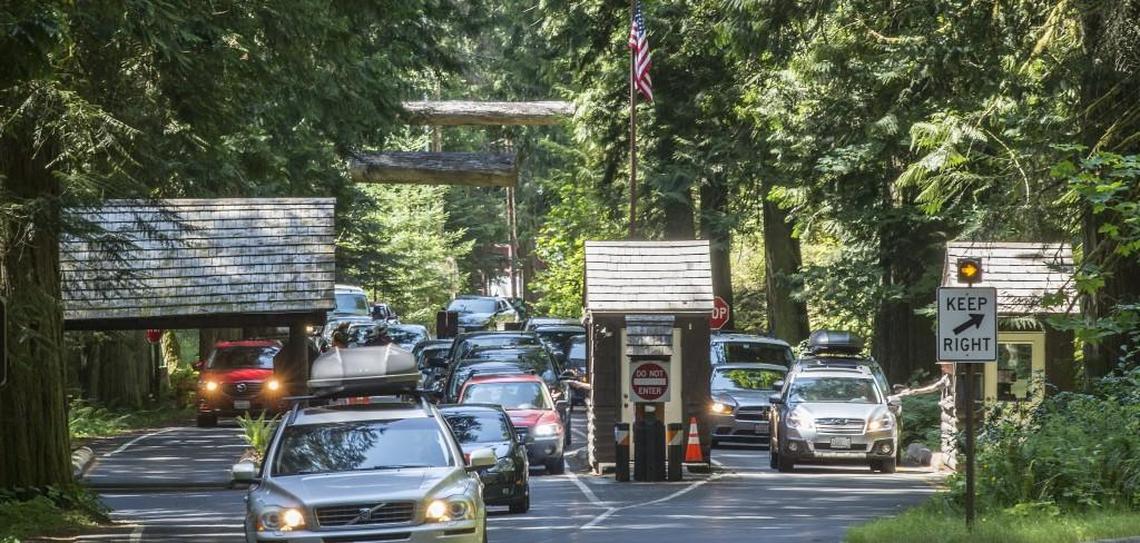 Traffic jams are common at the Nisqually entrance of Mount Rainier National Park during peak summer hours.