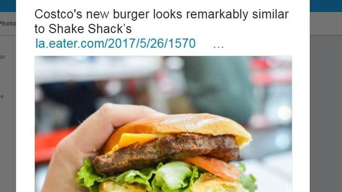 Food site Eater LA tweets about Costco’s new burger.