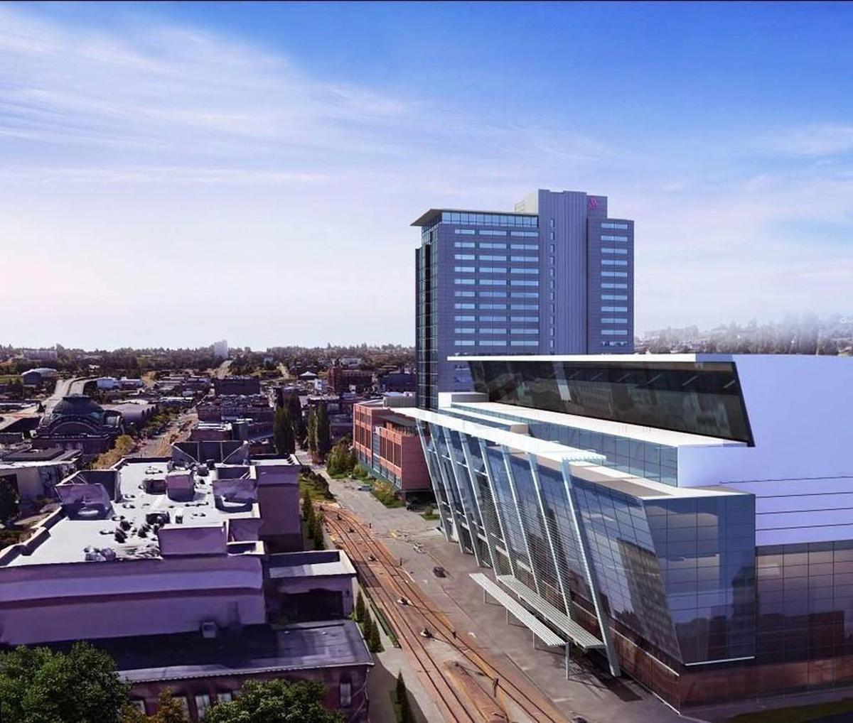 A view from Commerce Street looking south from the Greater Tacoma Convention Center and a rendering of the adjacent hotel.