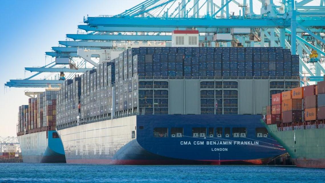 The Benjamin Franklin sits docked at the Port of Los Angeles on Saturday. The Benjamin Franklin is the largest container vessel to ever call at a U.S. port. It is longer than the Empire State Building and wider than an American football field.