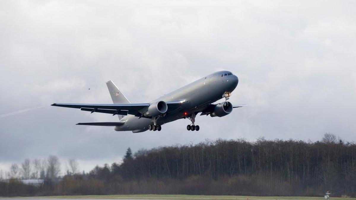 Boeing’s prototype KC-46 tanker aircraft, a 767-2C, conducts testing on its inaugural flight at Paine Field in Everett on December 28, 2014.