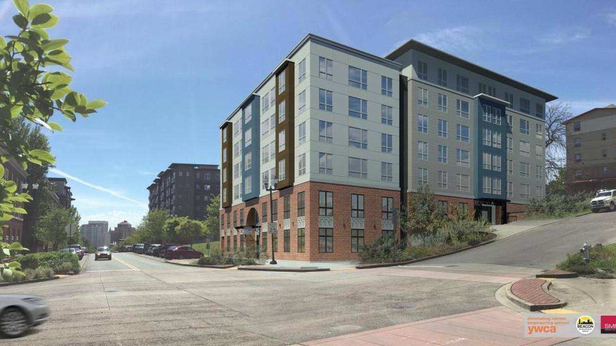 This rendering of a seven-story apartment building in Tacoma’s St. Helens neighborhood could some day house domestic violence victims. The $21 million project would have 54 apartments.
