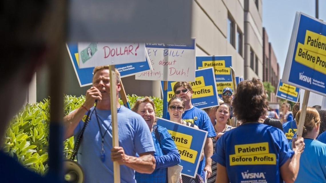 Nurses picket June 27 in front of Multicare’s Tacoma General Hospital.