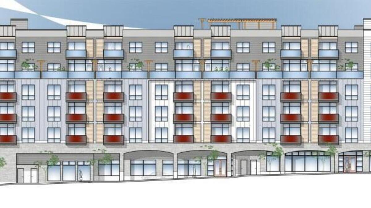 An apartment complex of more than 100 units will be built at the corner of Sixth Avenue and Alder Street, with Trapper’s Sushi occupying the main ground floor retail space. This rendering shows the view along Sixth Avenue.