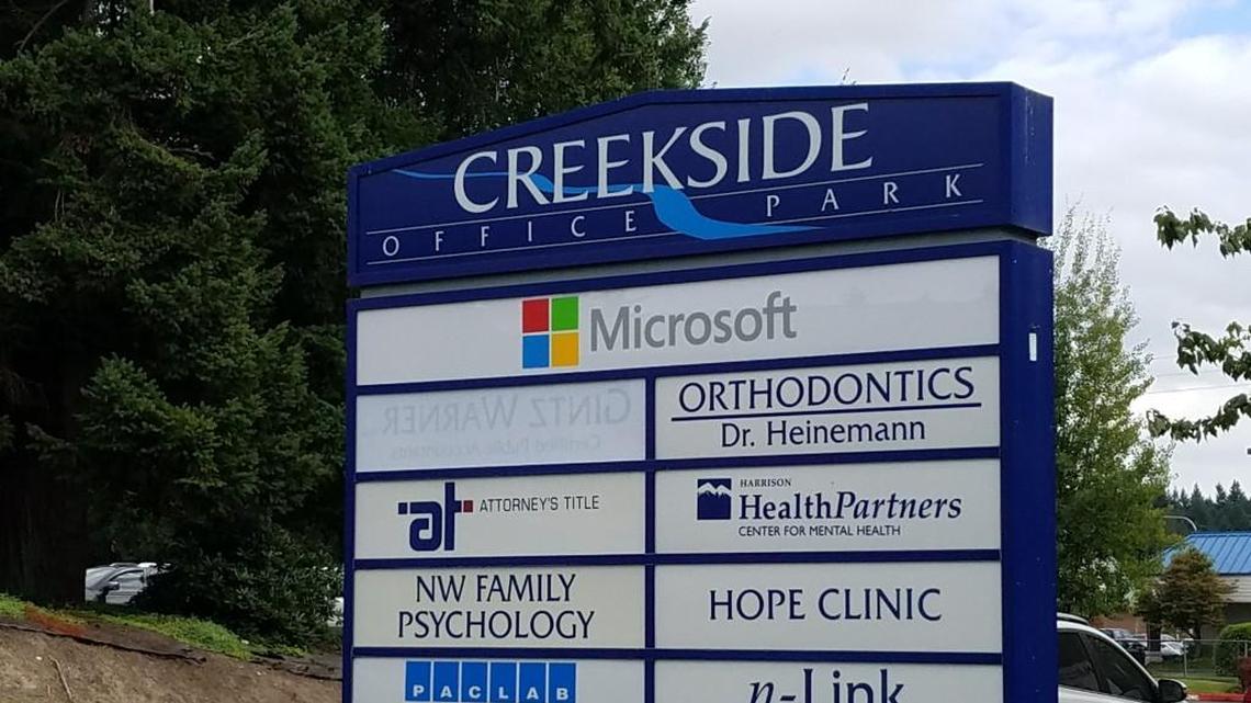 Microsoft has top billing at the roadside sign at Creekside Office Park, 9633 Levin Road NW in Silverdale.