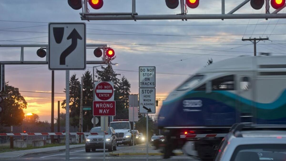 The Sounder commuter train crosses at 108th Street South in Lakewood.