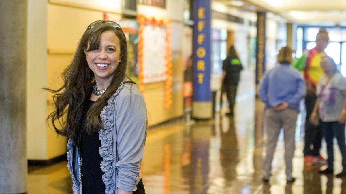 Chief Leschi Schools Superintendent Amy Eveskcige stands in the hallway of her school in April 17, 2015. A year into leading the Puyallup tribal schools, 50 people were laid off at the schools to help improve the schools’ flagging academic performance, tribal spokesman John Weymer said Thursday.