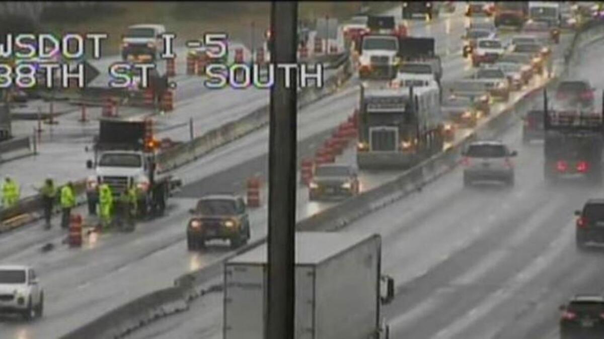 All but one lane of northbound Interstate 5 are closed in Tacoma near 38th Street after a manhole collapsed, according to tweets by the Washington State Department of Transportation and Washington State Patrol.