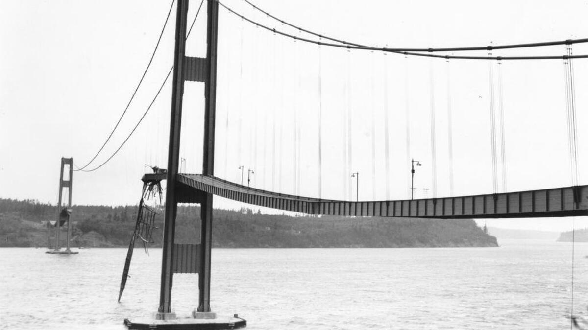 
Only four months after opening to the public, the first Narrows Bridge collapsed after strong winds caused the decking to break apart on Nov. 7, 1940. The bridge, which was the world’s third-largest suspension bridge, had been known to undulate with the wind since it opened, gaining it the nickname “Galloping Gertie.”
