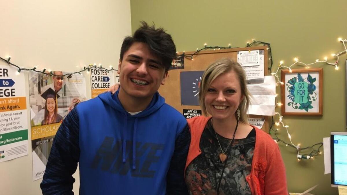 Antonio, left, and Skylar Cole in her office at Lincoln High School, where she helps foster kids as part of the Treehous project.