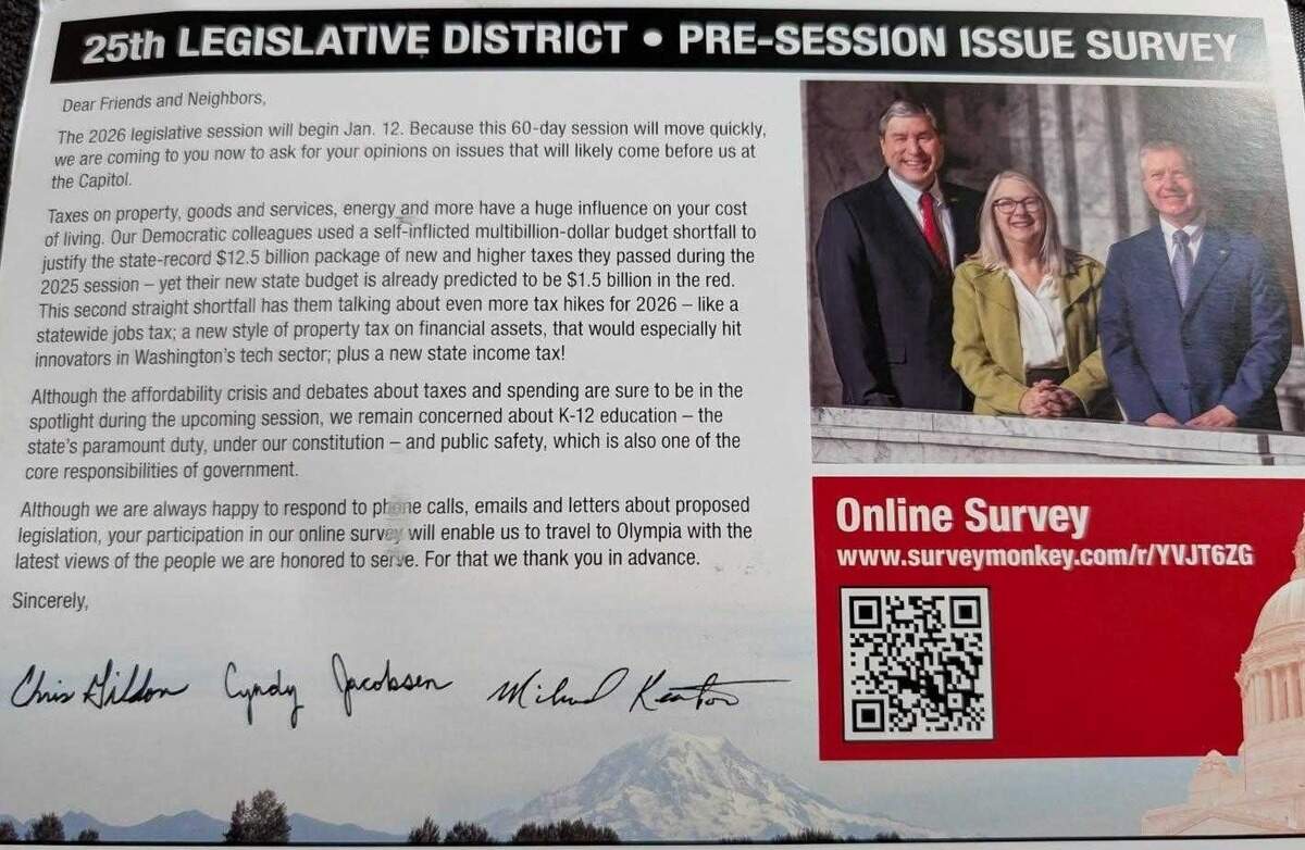 State lawmakers in East Pierce County sent a survey to residents of the 25th Legislative District ahead of the 2026 legislative session.