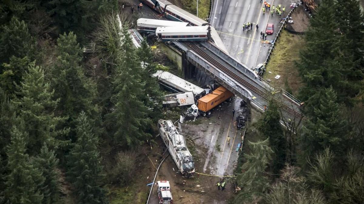 An Amtrak train derailed and fell off of a bridge and onto Interstate 5 near Mounts Road between Lakewood and Olympia Washington Monday December 18, 2017.