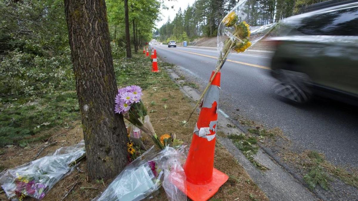 
A small memorial of flowers has emerged near the spot where Gig Harbor resident Jamie Fay, 36, died Saturday after a tree fell on his moving station wagon on Borgen Boulevard. The director of sales and marketing at Chambers Bay Golf Course was heading home from Costco. His 3-year-old daughter was also in the car, but was not hurt.
