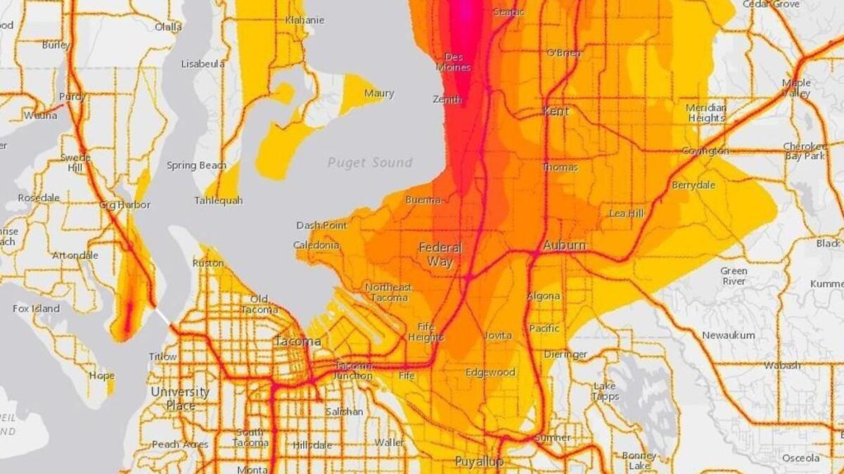A section of the National Transportation Noise Map showing Tacoma and Sea-Tac Airport. Purple is the noisiest and yellow the least noisy. White areas have no data.