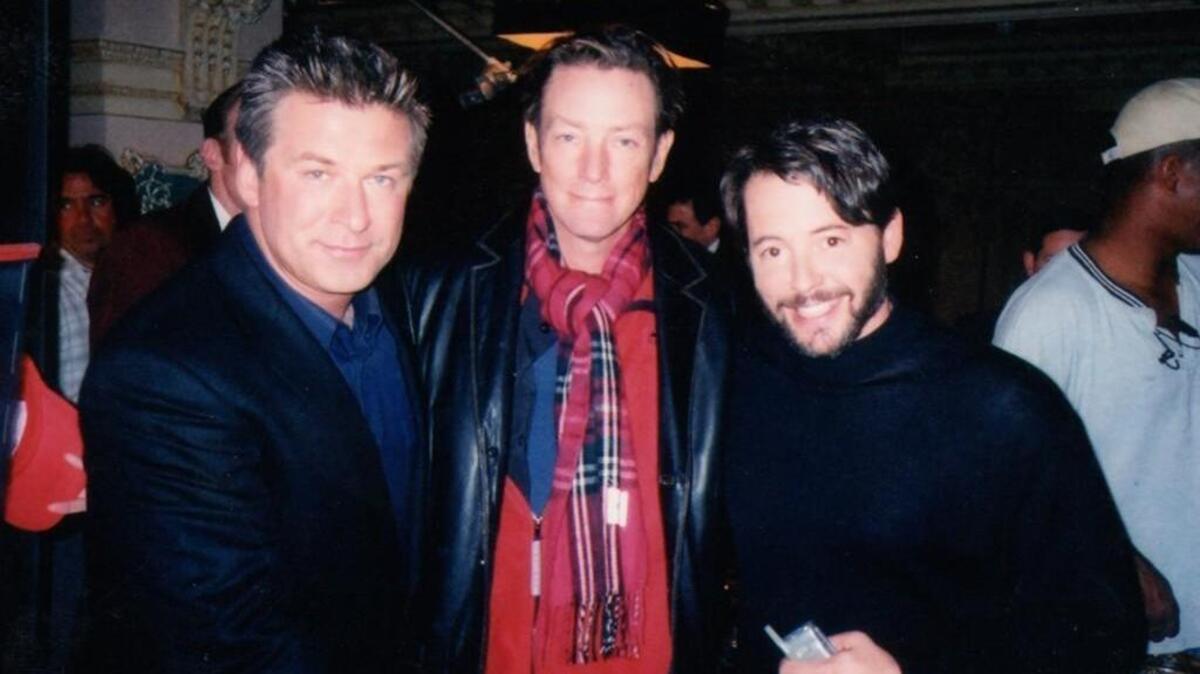 Stand-in actor Teddy Haggarty, center, with actors Alec Baldwin, left, and Matthew Broderick during the filming of “Providence.”