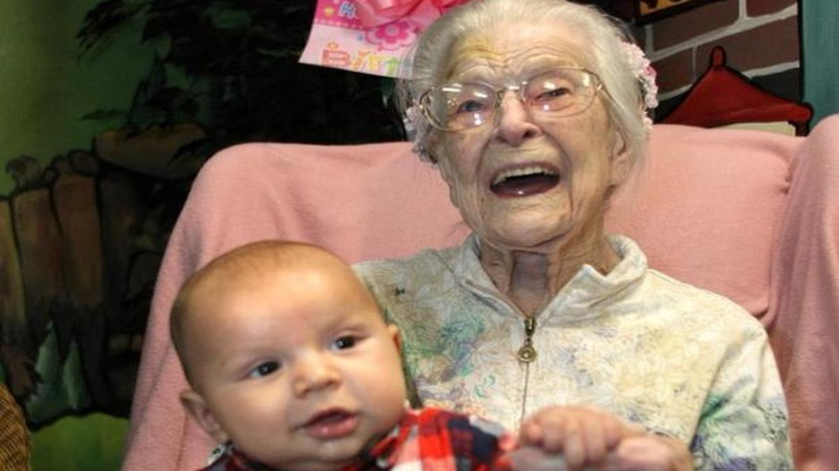 The state’s oldest resident, Emma Otis of Poulsbo, died Sunday at 114. She’s here at 112 with her great-great-grandson Caleb Hale.