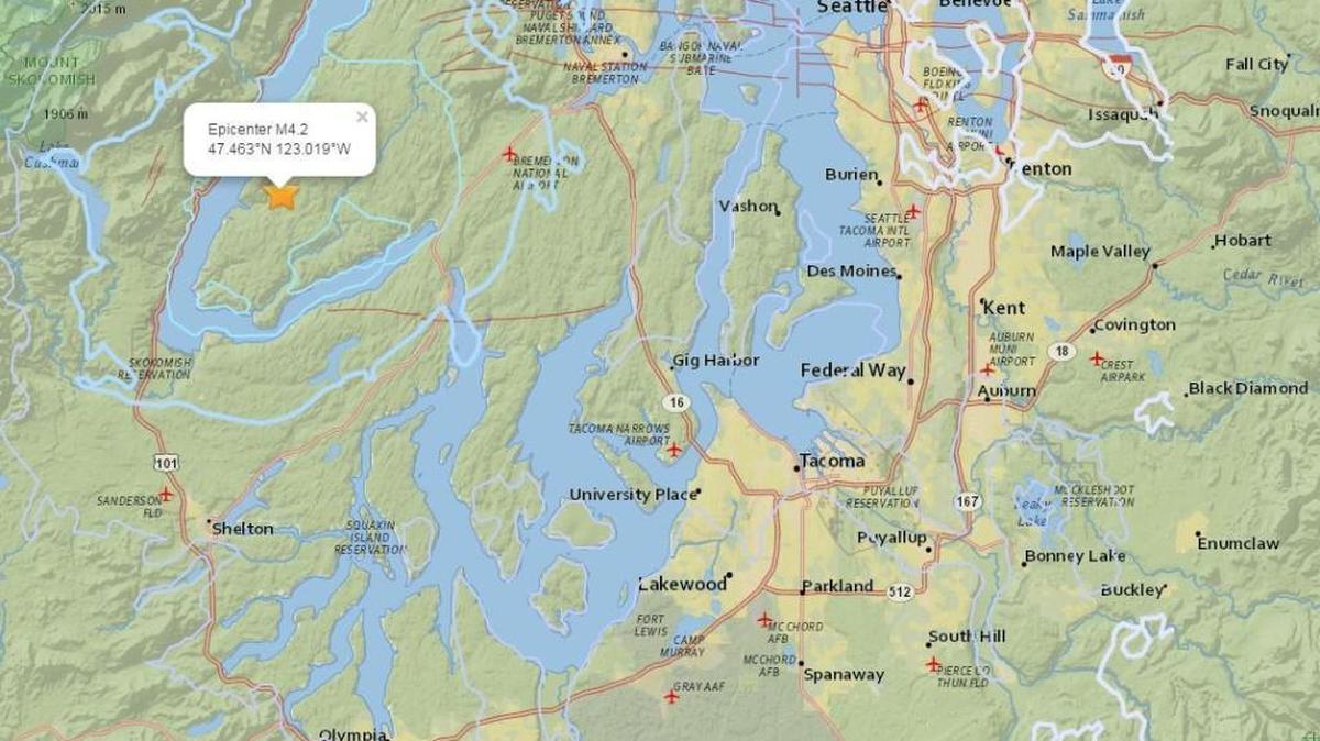This U.S. Geological Survey map shows where a magnitude-4.2 earthquake hit Wednesday night near Belfair.