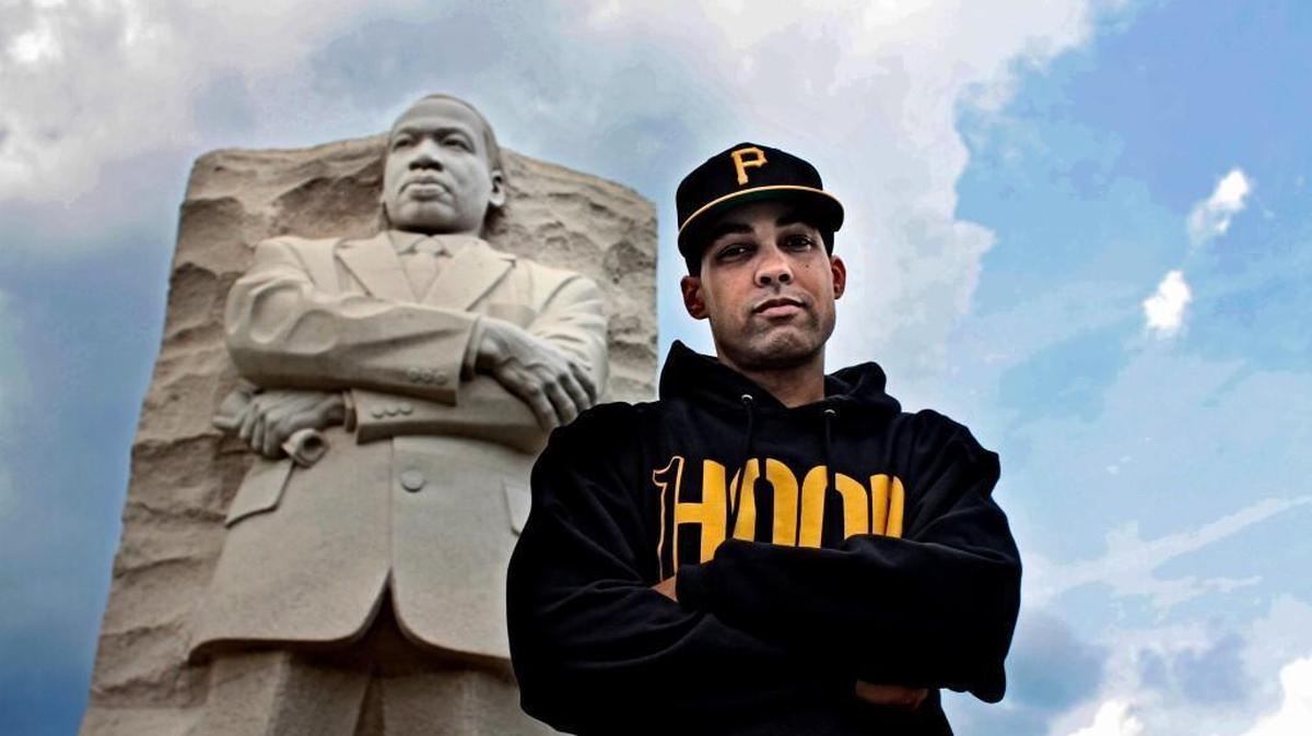 Jasiri X in front the Martin Luther King Jr. Memorial in Washington D.C. Photo courtesy of Paradise Gray