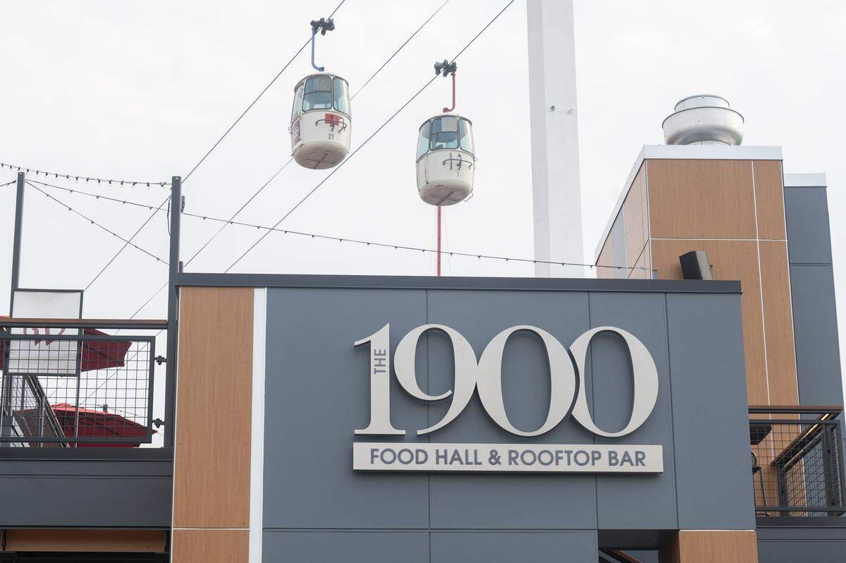Gondolas move above the new 1900 Food Hall &amp; Rooftop Bar on Thursday, Sept. 4, 2025, at the Washington State Fair Event Center in Puyallup, Wash.