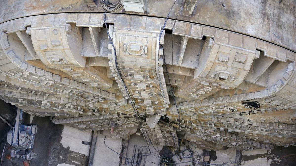 The front of the damaged digging machine for the Highway 99 tunnel project sits at the bottom of an access pit in March 2015 in Seattle. Crews were dismantling the front of the machine so they could bring it to the surface in three pieces and repair broken parts.