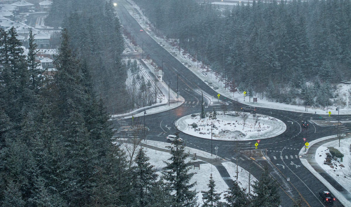 A drone’s-eye view of Feb. 2 snowfall over Bonney Lake. (Brian Hayes/The News Tribune)
