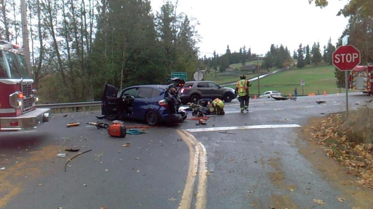 The 26-year-old woman driving this car and her 4-year-old male passenger were both taken to Harborview Medical Center in Seattle on Wednesday morning after being struck by a semitruck on state Route 169 north of Enumclaw, according to the Washington State Patrol.