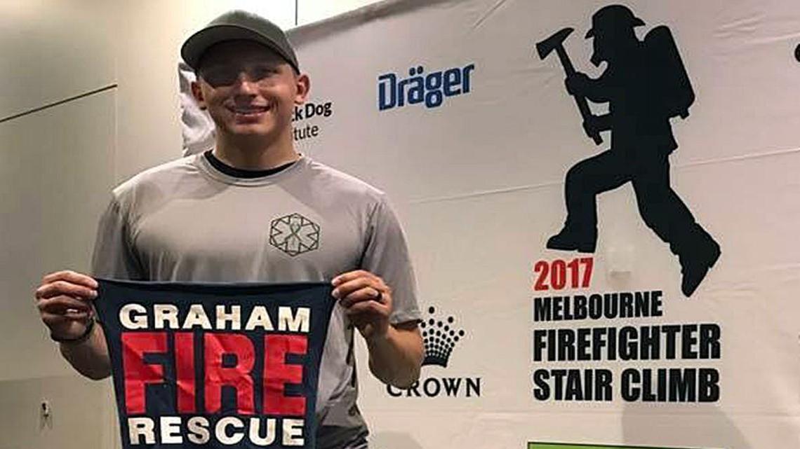 Graham Fire and Rescue firefighter Jasper Stenstrom at the Melbourne Firefighter Stair Climb on September 2, 2017. Stenstrom came in second place Saturday in the Australian event.