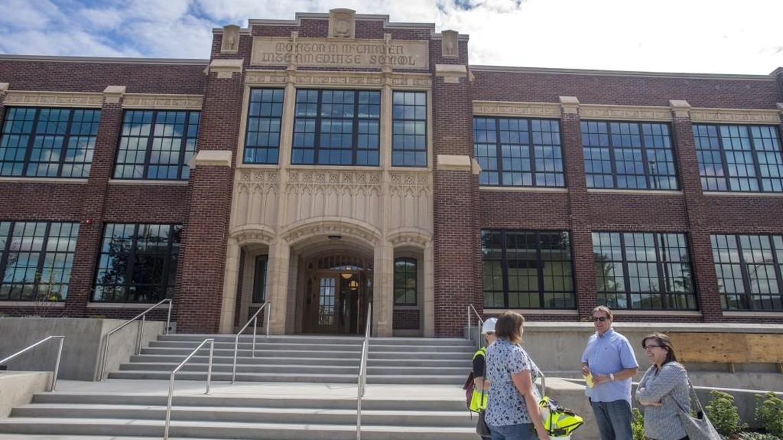 The facade of McCarver Elementary School during a tour of the major renovation project, August 10, 2016.