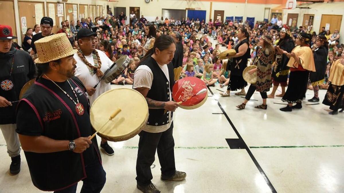Members of the Nisqually Tribe’s Canoe Family entertained the staff and students at Evergreen Forest Elementary School with dance and song during an assembly last week, when they talked about the upcoming summer canoe journey that the South Sound tribe is hosting.