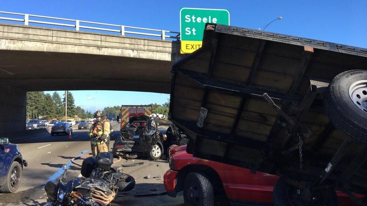 A motorcyclist was killed Thursday afternoon during a five-vehicle crash on state Route 512 near the Steele Street exit in Parkland, according to the Washington State Patrol. Three other people were hospitalized with non-life-threatening injuries, State Patrol spokeswoman Brooke Bova said.