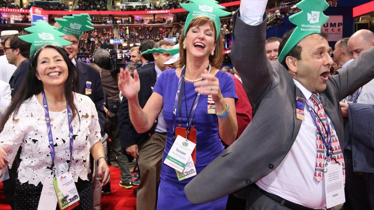 The joy on the faces of these Washington delegates as they dance at the GOP convention in Cleveland screams, “These hats smell great!”