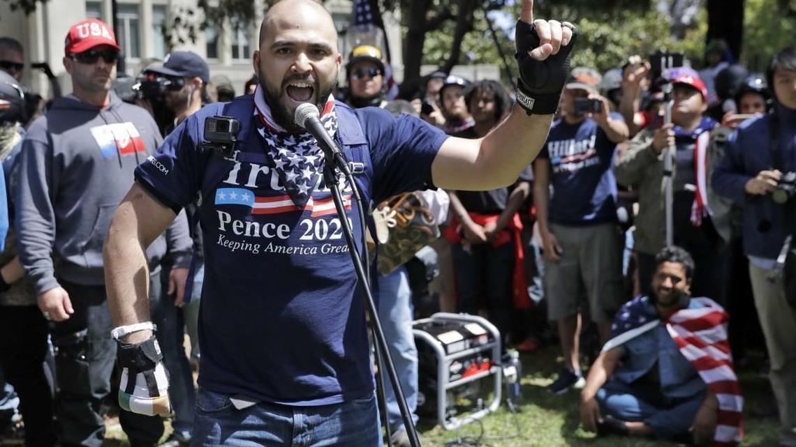 Joey Gibson, pictured in April at a protest in Berkeley, California, the man who organized Sunday’s pro-Trump free speech rally in Portland, has set his sights on The Evergreen State College in Olympia.