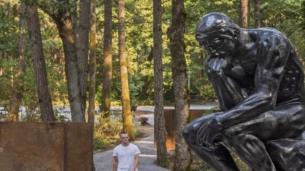 A bronze casting of The Thinker, the most famous sculpture by Auguste Rodin, is shown Monday at the LeMay Fine Art Sculpture Garden, which is scheduled to open in the fall.