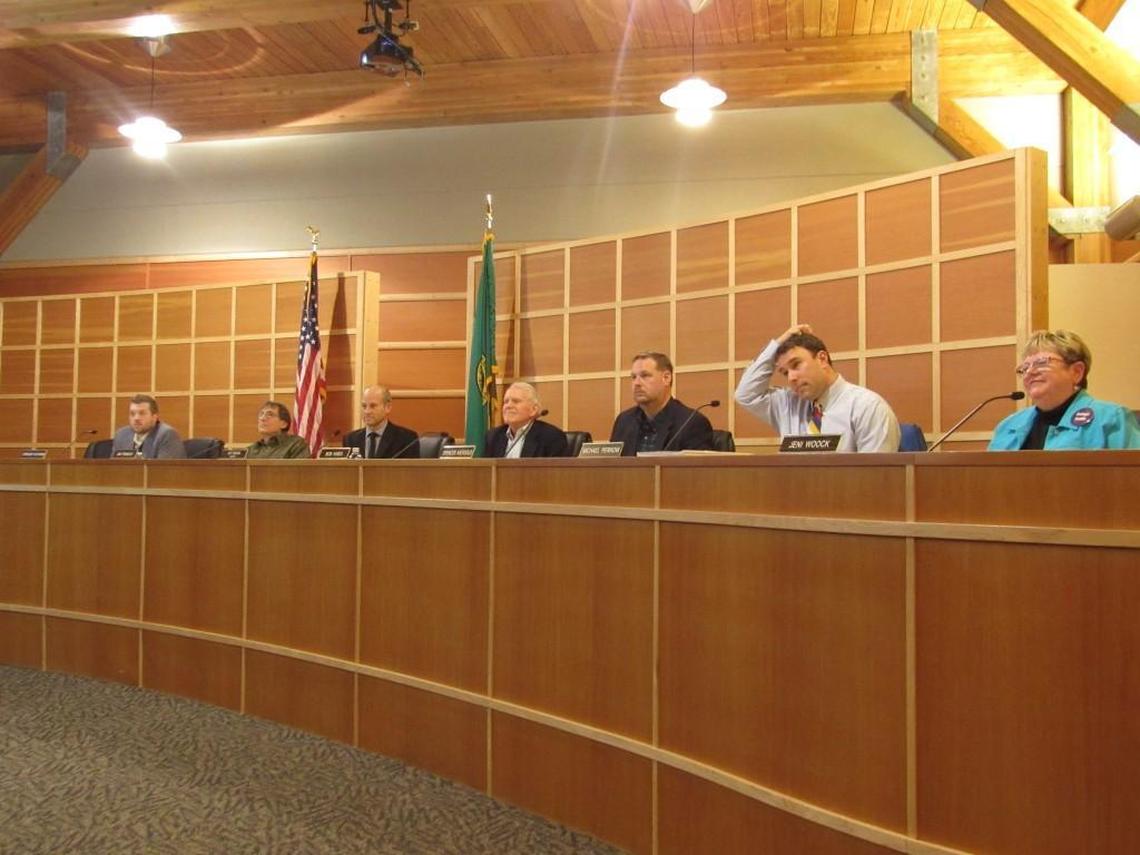 The Gig Harbor City Council, not including councilmember Ken Malich, during the first council meeting of 2018.