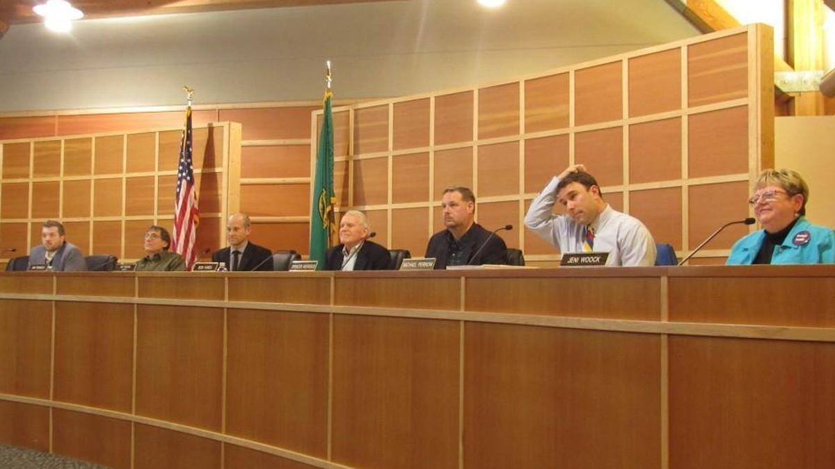 The Gig Harbor City Council, not including councilmember Ken Malich, during the first council meeting of 2018.