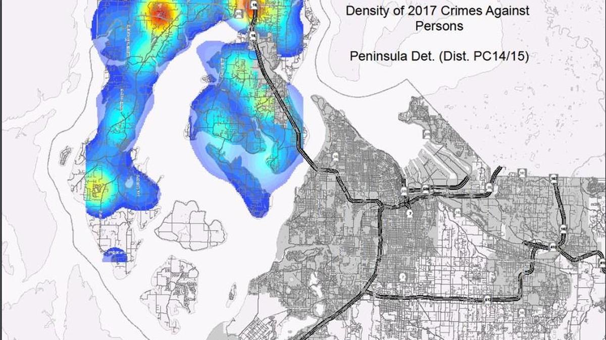 A map showing areas on the Gig Harbor and Key Peninsula that are affected by crimes against person. Data provided by 2017 records from the Pierce County Sheriff’s Department.