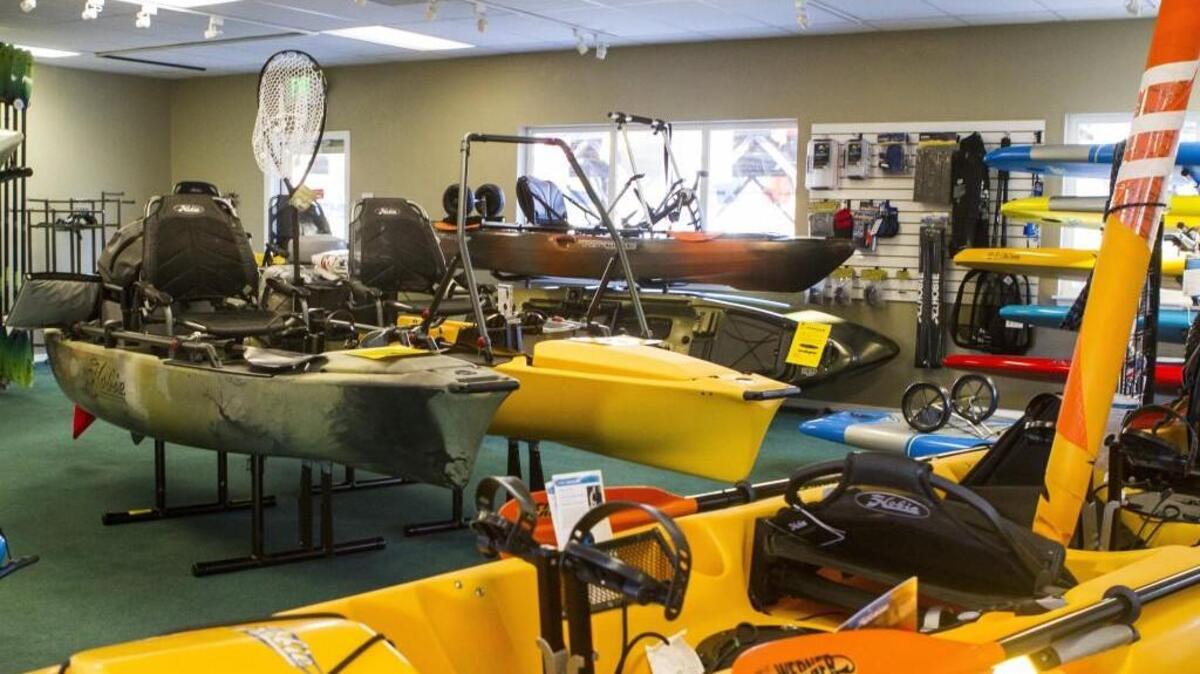 Pedal drive kayaks are shown on display in the Gig Harbor Watersports store on Tuesday.