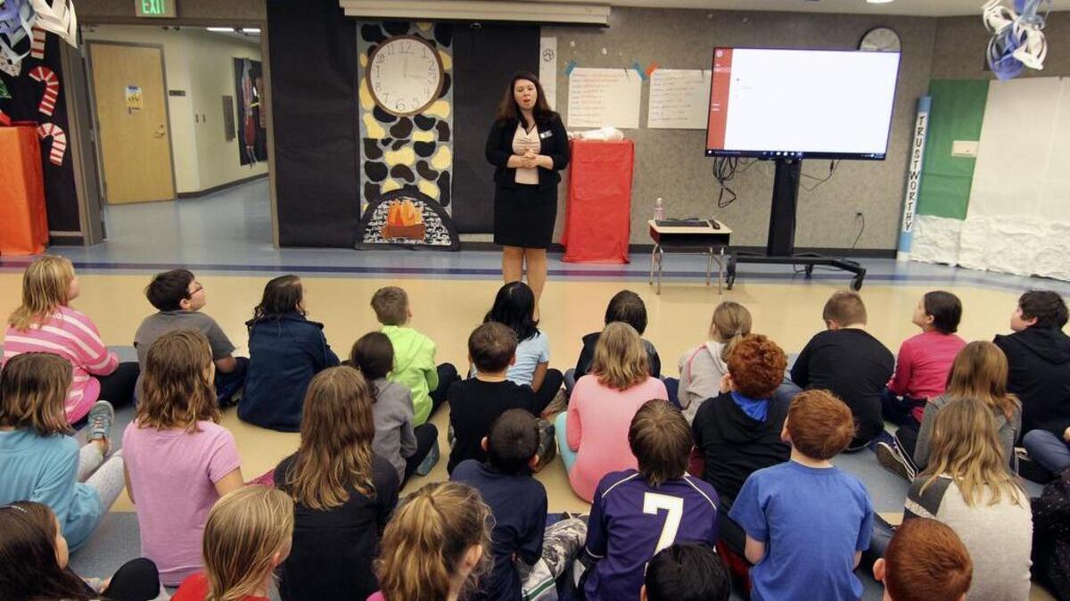 State Rep. Michelle Caldier speaks to fourth grade students at Purdy Elementary last week about Washington state government and her role as a representative.