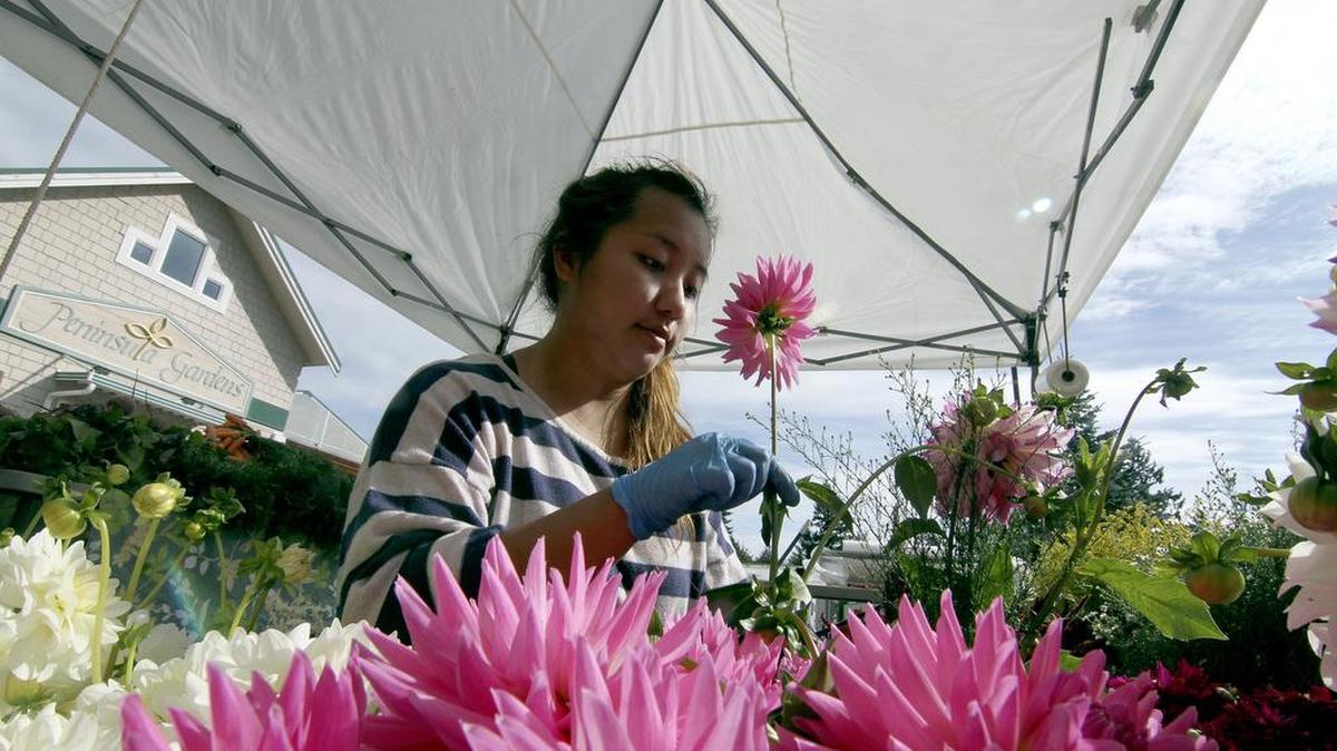 
Janet Hung of Fresh Flower Farm of Kent and Monroe arranges fresh flowers Saturday at the Gig Harbor Farmers Market at Peninsula Gardens.
