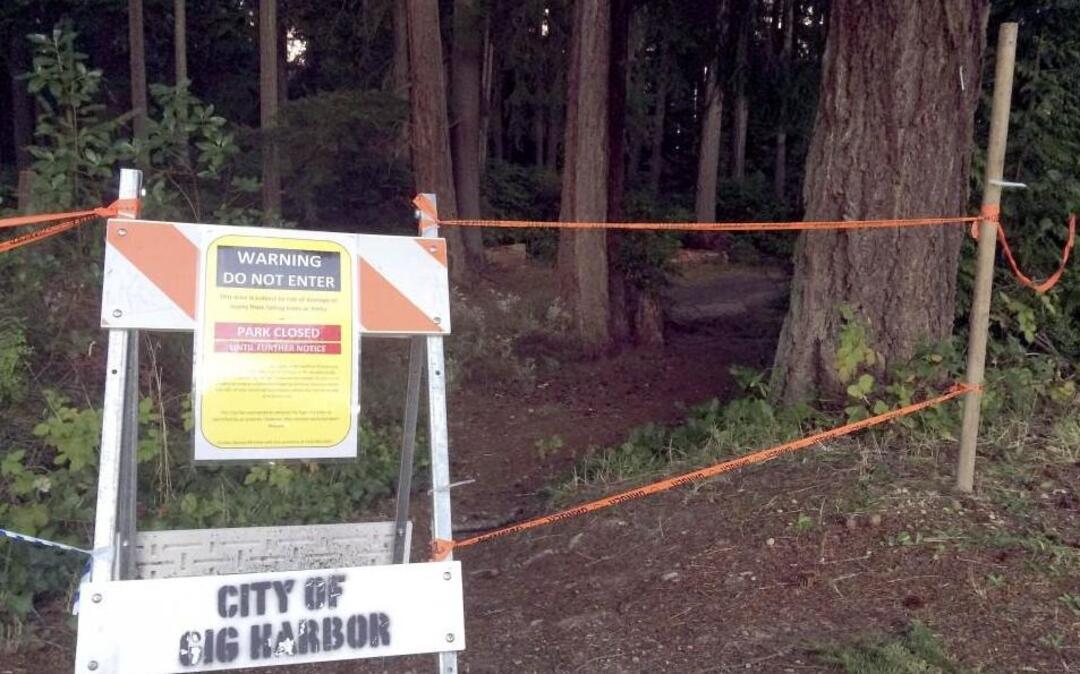 Ropes and signs block off Grandview Forest Park where laminated root rot in the trees has forced closure of the park.