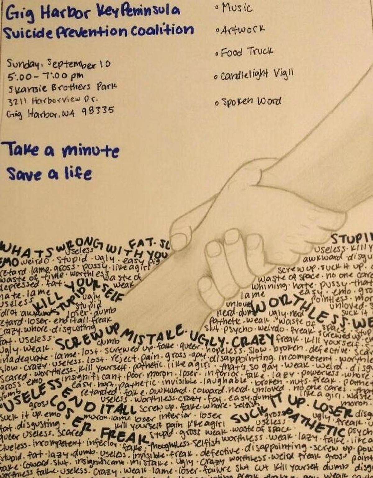 Artwork from local teen Gabby Turbeville has been visible on social media helping to spread information about Sunday’s Take a Minute, Save a Life event hosted by the Gig Harbor & Key Peninsula Suicide Prevention Coalition to raise awareness and support for suicide prevention.