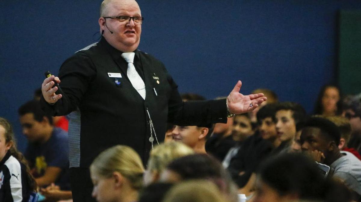 Darren Laur talks about internet privacy and social media during a speech to students about digital security and keeping a digital dossier at Harbor Ridge Middle School in Gig Harbor on Monday.