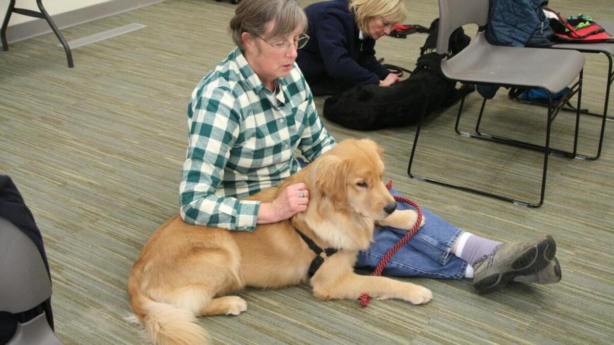 In early February at the Gig Harbor Branch of the Pierce County Library, PPP volunteer Turi Janes and dog-in-training Billie sit together with six other volunteers and their dogs while engage in “socializing” exercises.