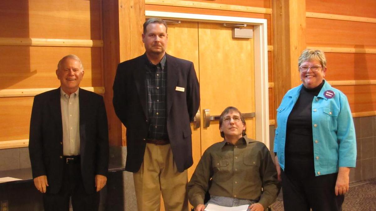 The new members of the Gig Harbor City Council, from left: Bob Himes, Spencer Abersold, Jim Franich and Jeni Woock. The group was sworn in during Monday’s Gig Harbor City Council meeting.